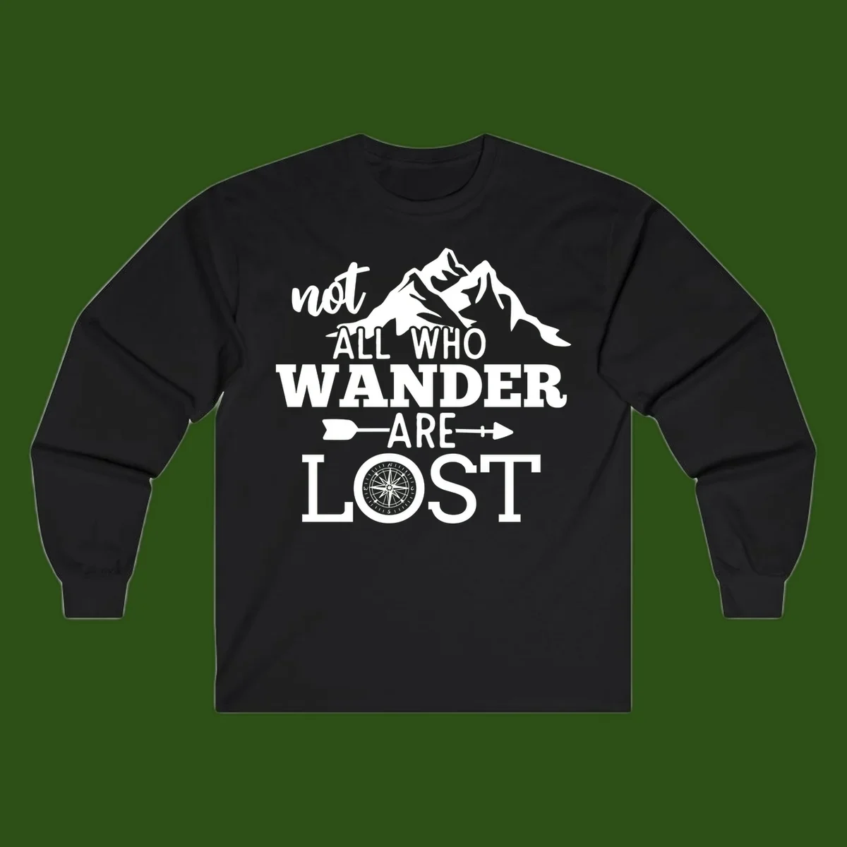 White mountain silhouette with compass rose and arrows, text reads 'not ALL WHO WANDER ARE LOST' on gray background