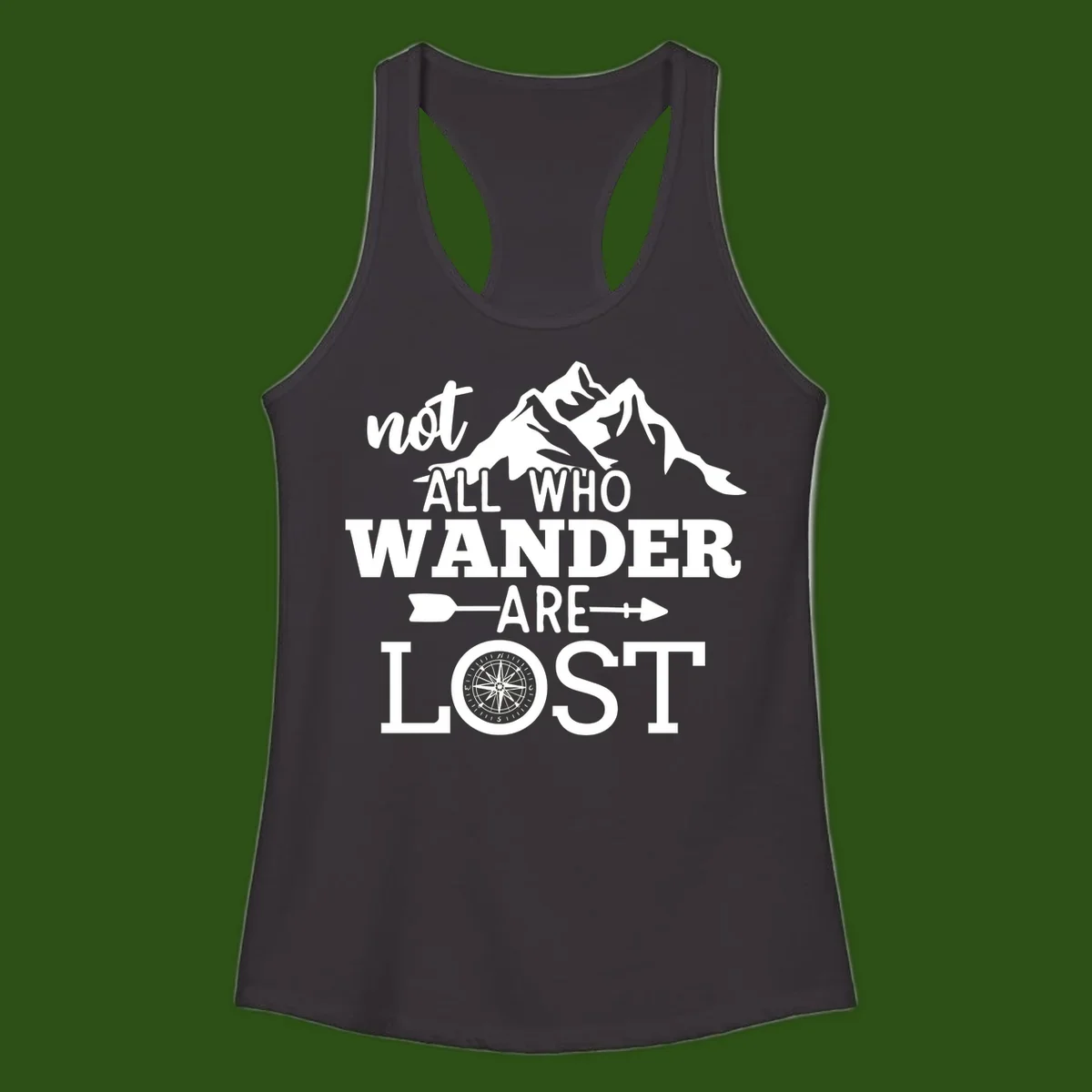 White mountain silhouette with compass rose and arrows, text reads 'not ALL WHO WANDER ARE LOST' on gray background