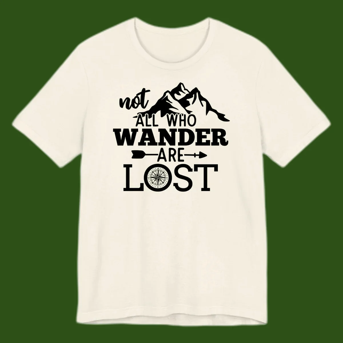 White mountain silhouette with compass rose and arrows, text reads 'not ALL WHO WANDER ARE LOST' on gray background