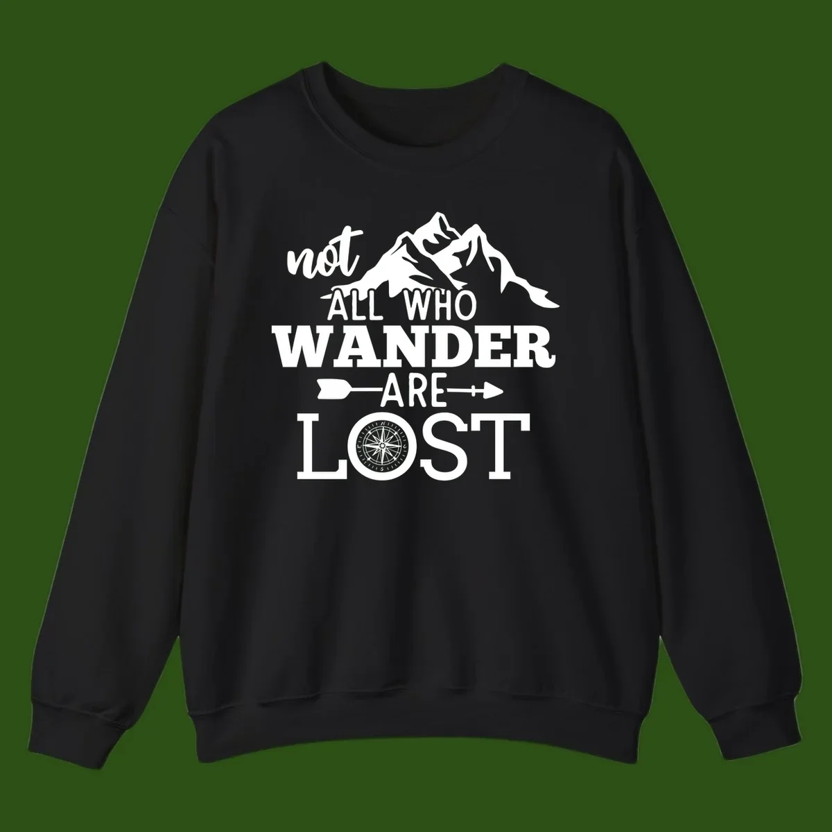 White mountain silhouette with compass rose and arrows, text reads 'not ALL WHO WANDER ARE LOST' on gray background