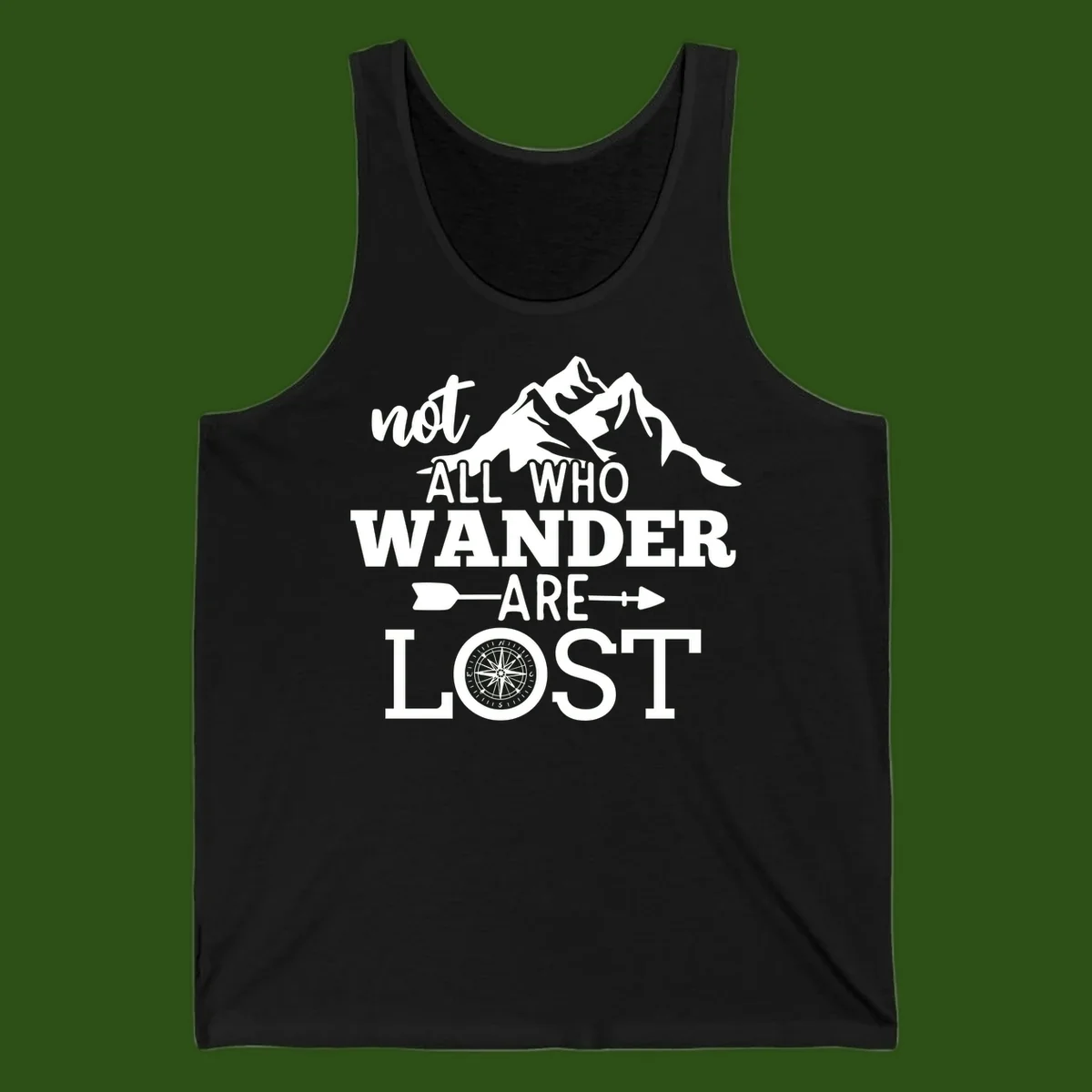 White mountain silhouette with compass rose and arrows, text reads 'not ALL WHO WANDER ARE LOST' on gray background