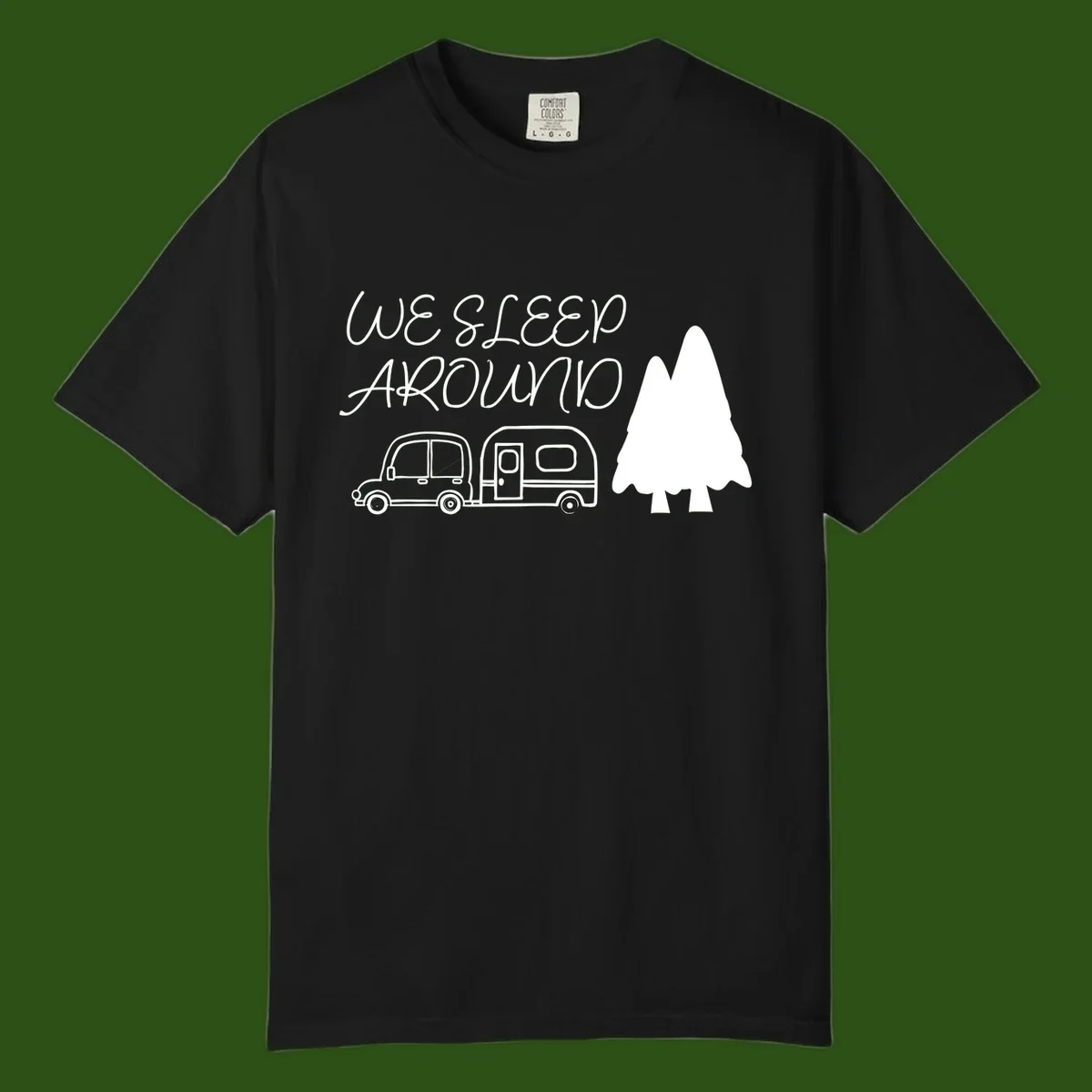 Line art design with 'We Sleep Around' text, car towing trailer, and evergreen tree on gray background