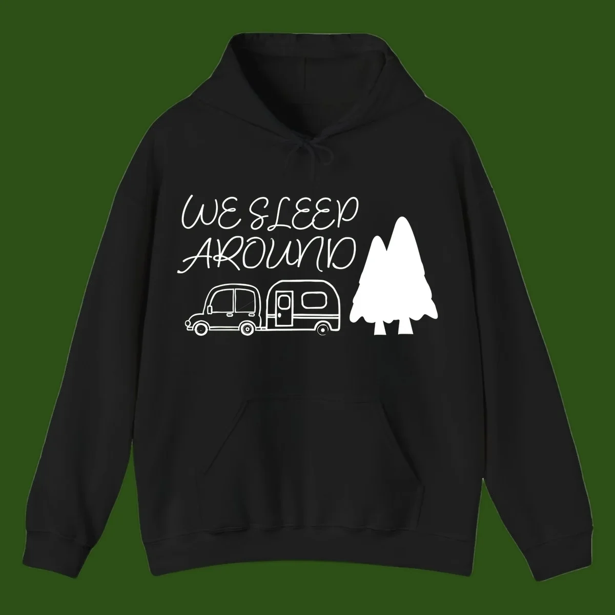 Line art design with 'We Sleep Around' text, car towing trailer, and evergreen tree on gray background