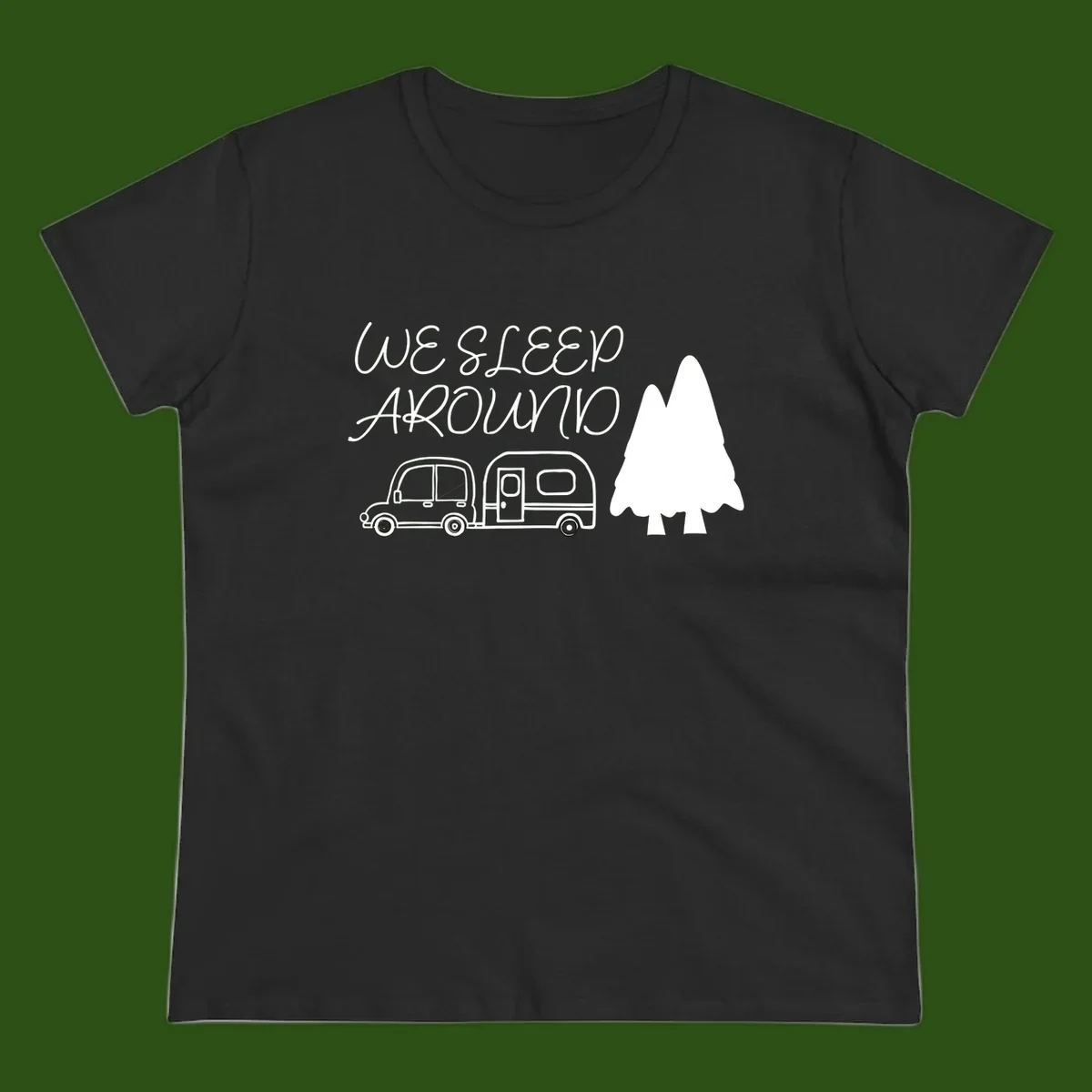 Line art design with 'We Sleep Around' text, car towing trailer, and evergreen tree on gray background