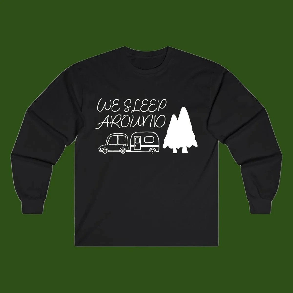 Line art design with 'We Sleep Around' text, car towing trailer, and evergreen tree on gray background