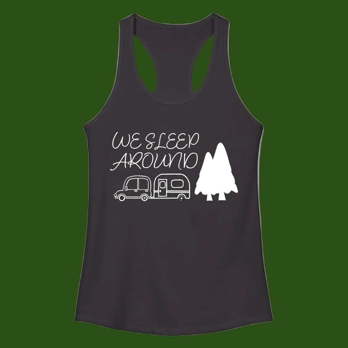 Line art design with 'We Sleep Around' text, car towing trailer, and evergreen tree on gray background