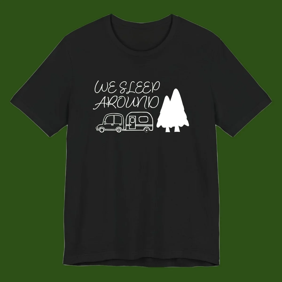 Line art design with 'We Sleep Around' text, car towing trailer, and evergreen tree on gray background