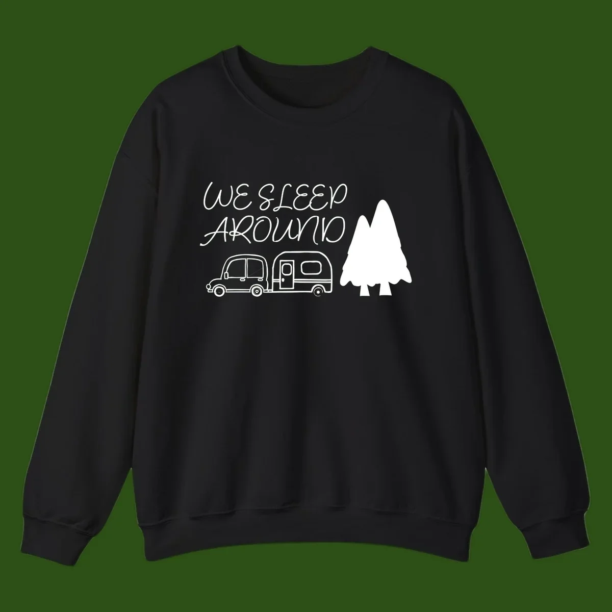 Line art design with 'We Sleep Around' text, car towing trailer, and evergreen tree on gray background