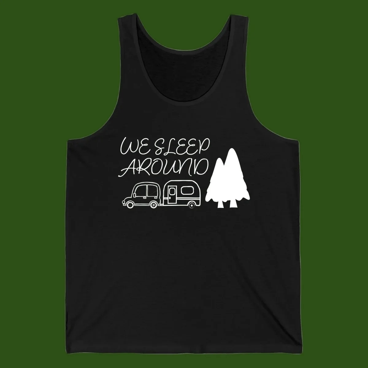 Line art design with 'We Sleep Around' text, car towing trailer, and evergreen tree on gray background