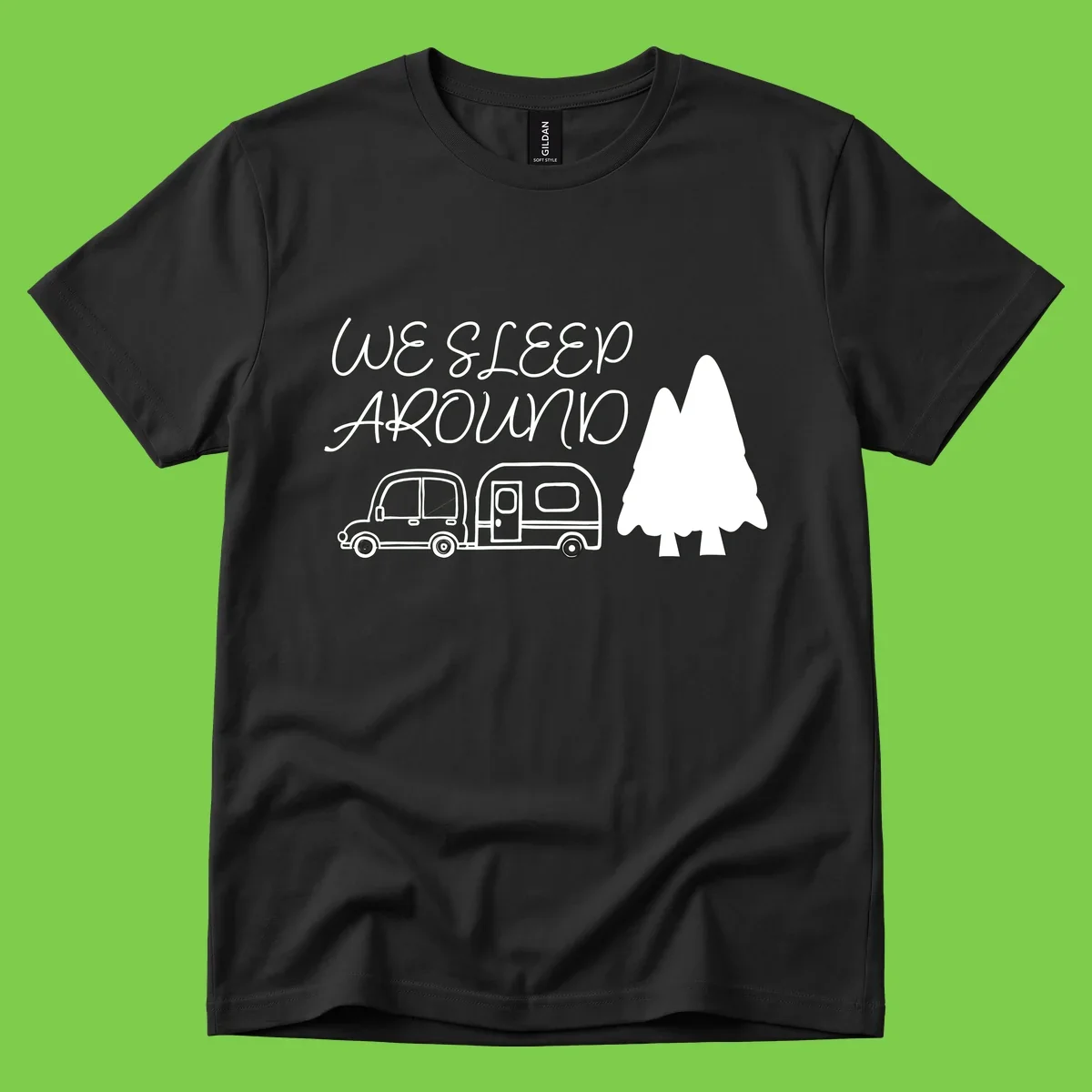 Line art design with 'We Sleep Around' text, car towing trailer, and evergreen tree on gray background