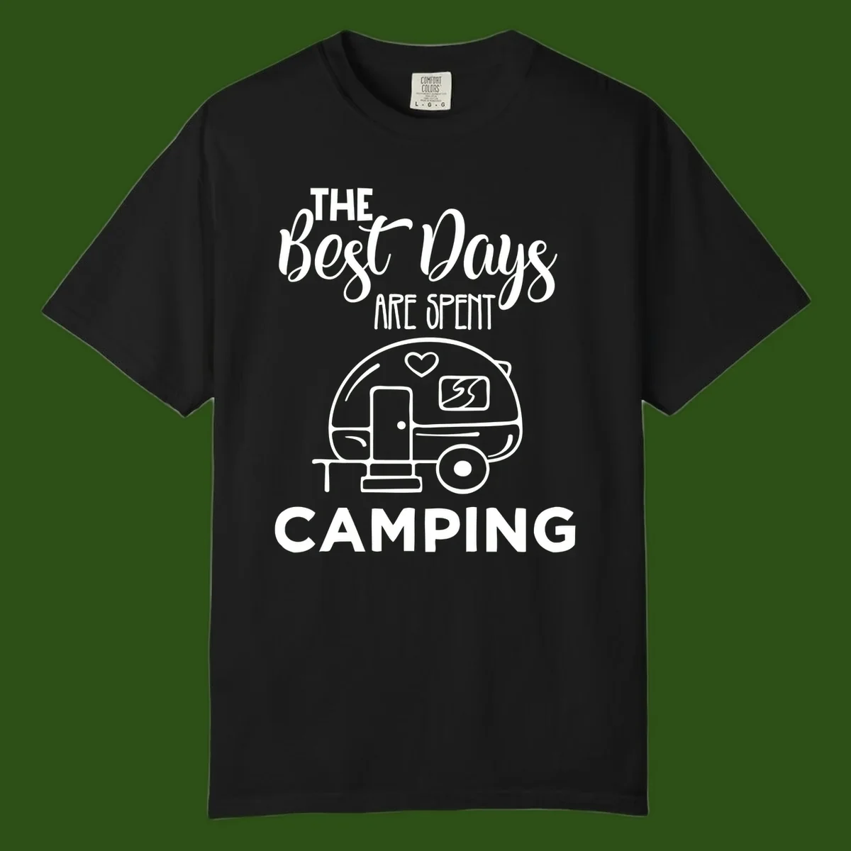 Best days camping design with vintage travel trailer, heart, and picnic table illustration with text