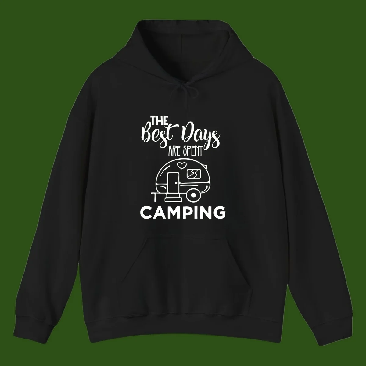 Best days camping design with vintage travel trailer, heart, and picnic table illustration with text