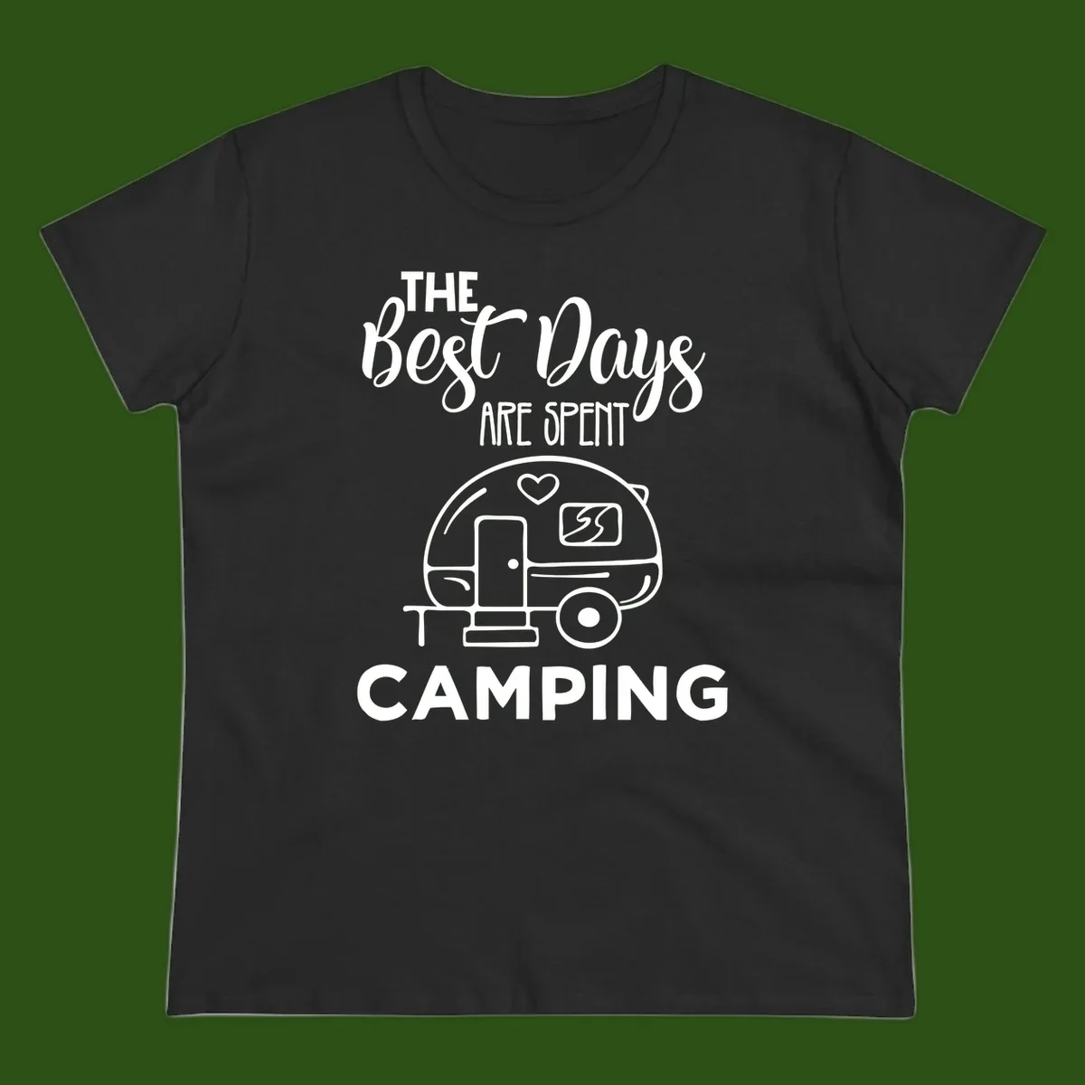 Best days camping design with vintage travel trailer, heart, and picnic table illustration with text