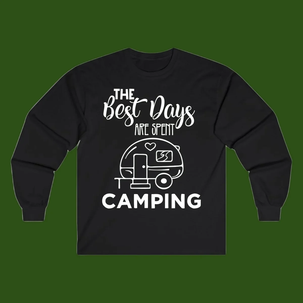 Best days camping design with vintage travel trailer, heart, and picnic table illustration with text
