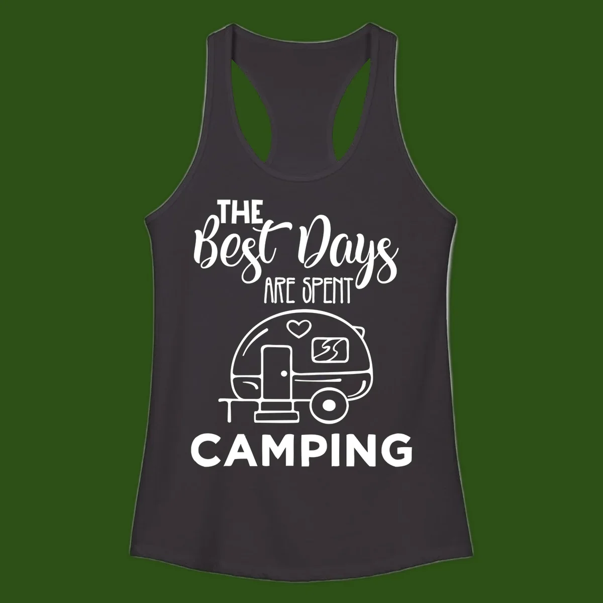 Best days camping design with vintage travel trailer, heart, and picnic table illustration with text
