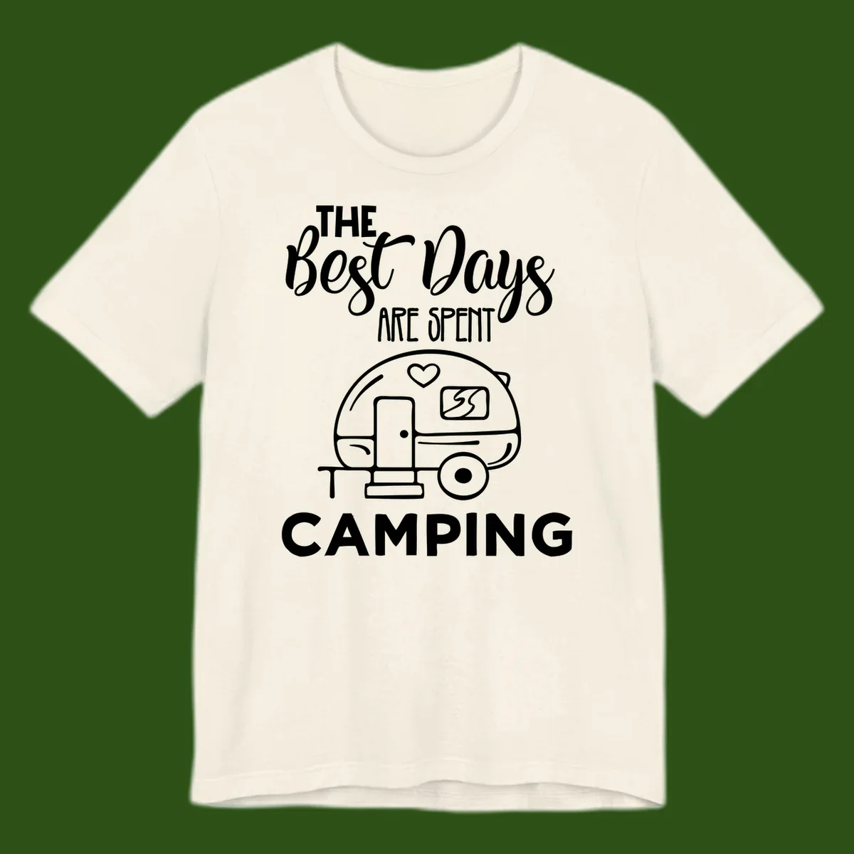 Best days camping design with vintage travel trailer, heart, and picnic table illustration with text