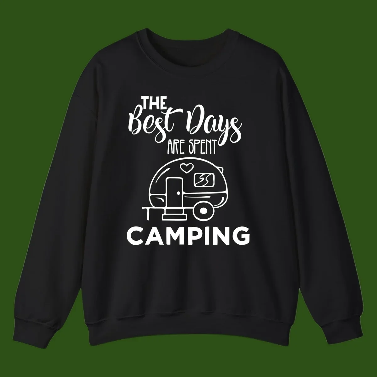 Best days camping design with vintage travel trailer, heart, and picnic table illustration with text