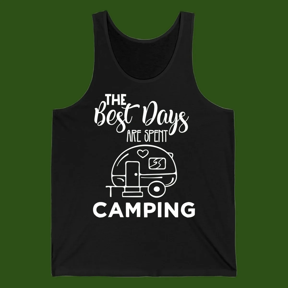 Best days camping design with vintage travel trailer, heart, and picnic table illustration with text