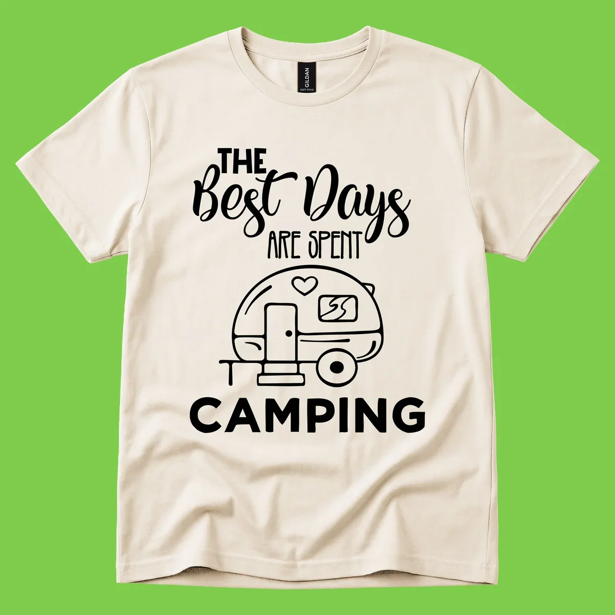 Best days camping design with vintage travel trailer, heart, and picnic table illustration with text