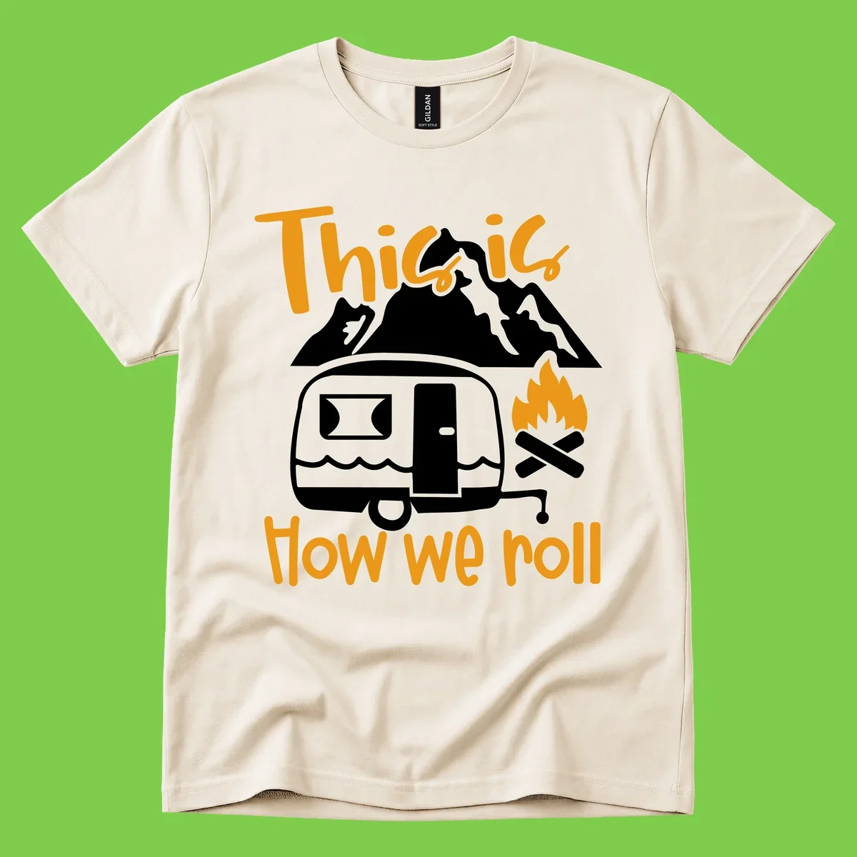 Vintage travel trailer with campfire and mountains, text reads 'This is how we roll' - camping lifestyle illustration