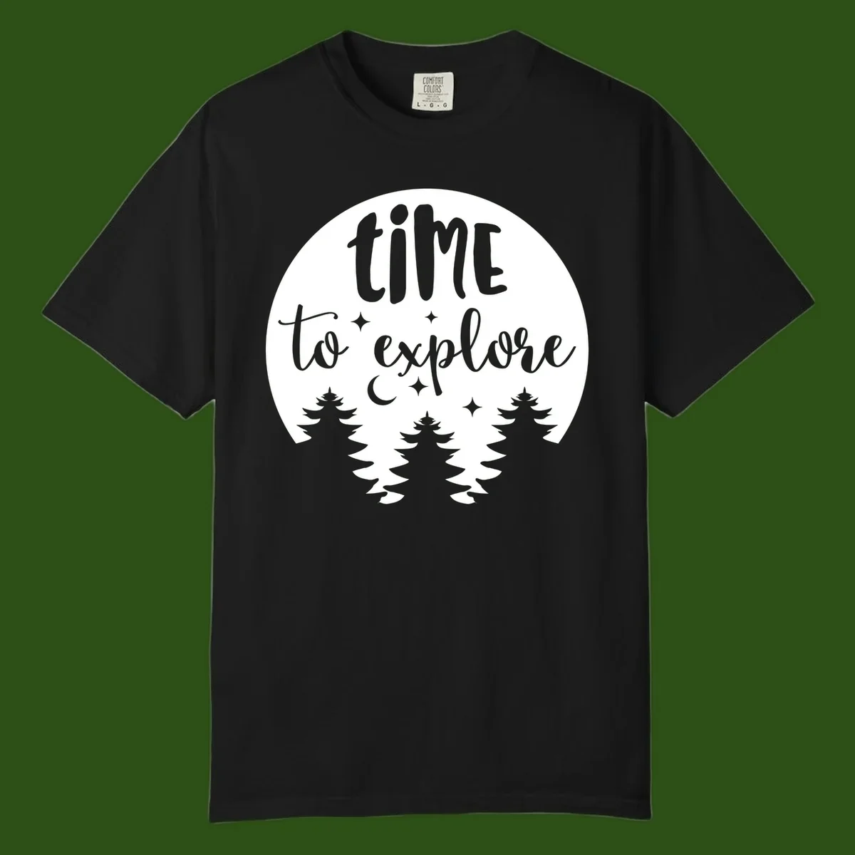 Circular design with 'time to explore' text, crescent moon, pine trees, and stars in gray on white background