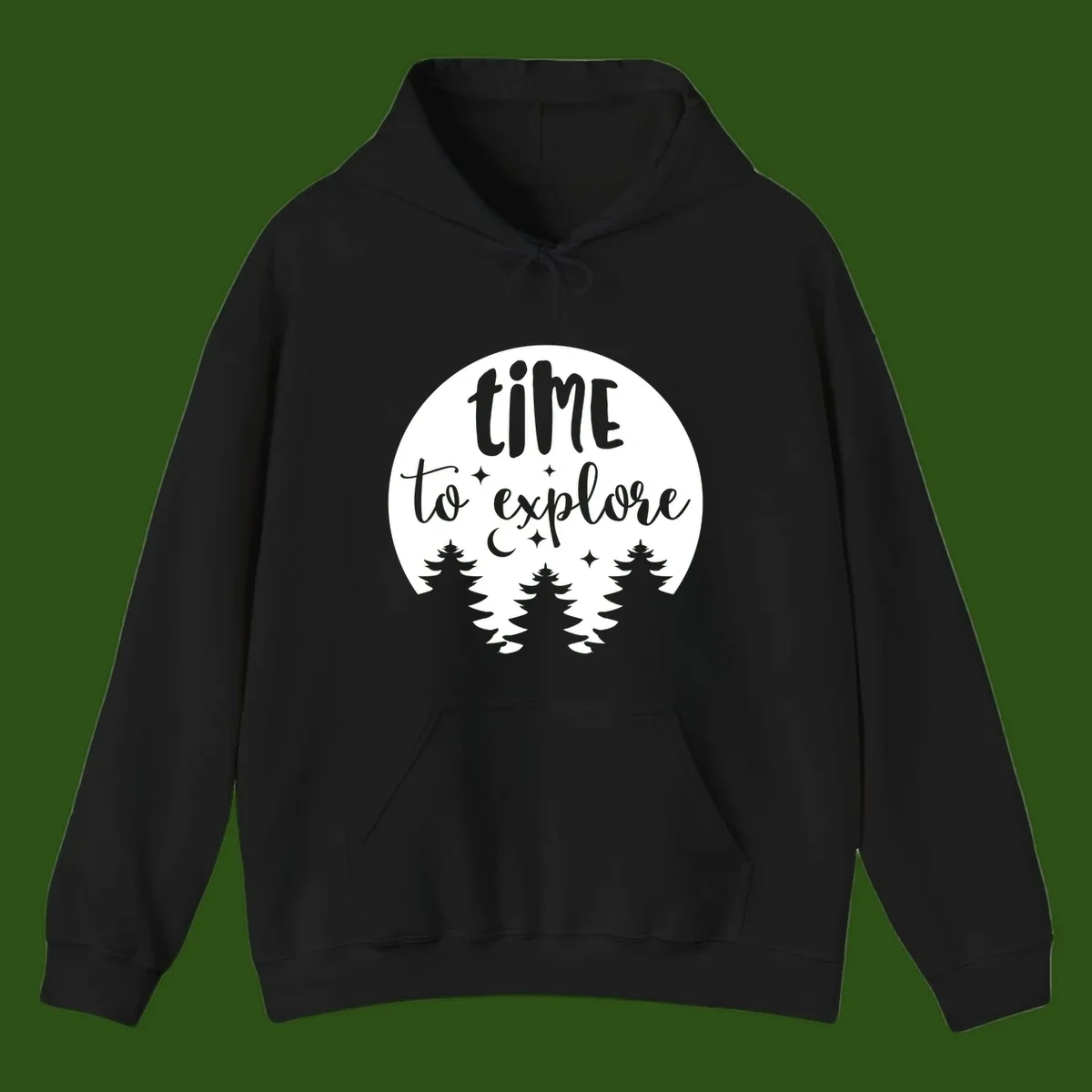 Circular design with 'time to explore' text, crescent moon, pine trees, and stars in gray on white background