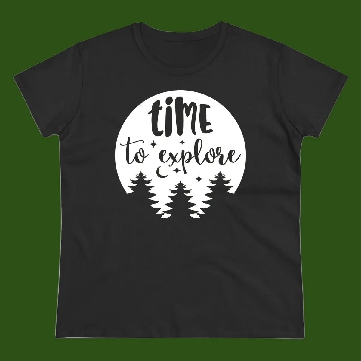 Circular design with 'time to explore' text, crescent moon, pine trees, and stars in gray on white background