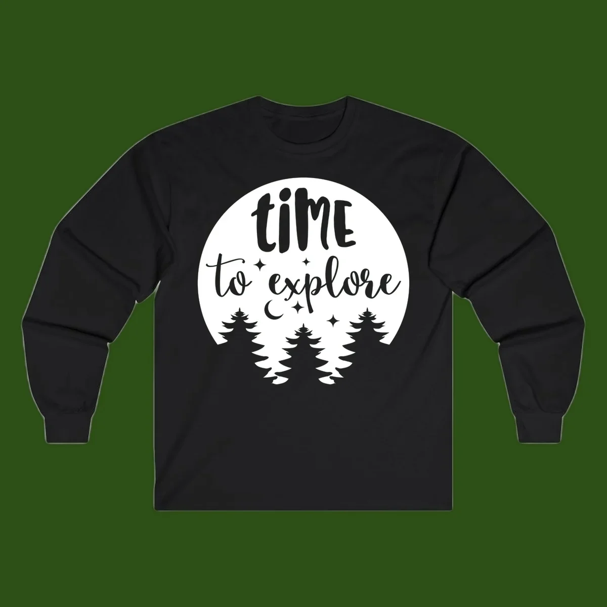 Circular design with 'time to explore' text, crescent moon, pine trees, and stars in gray on white background
