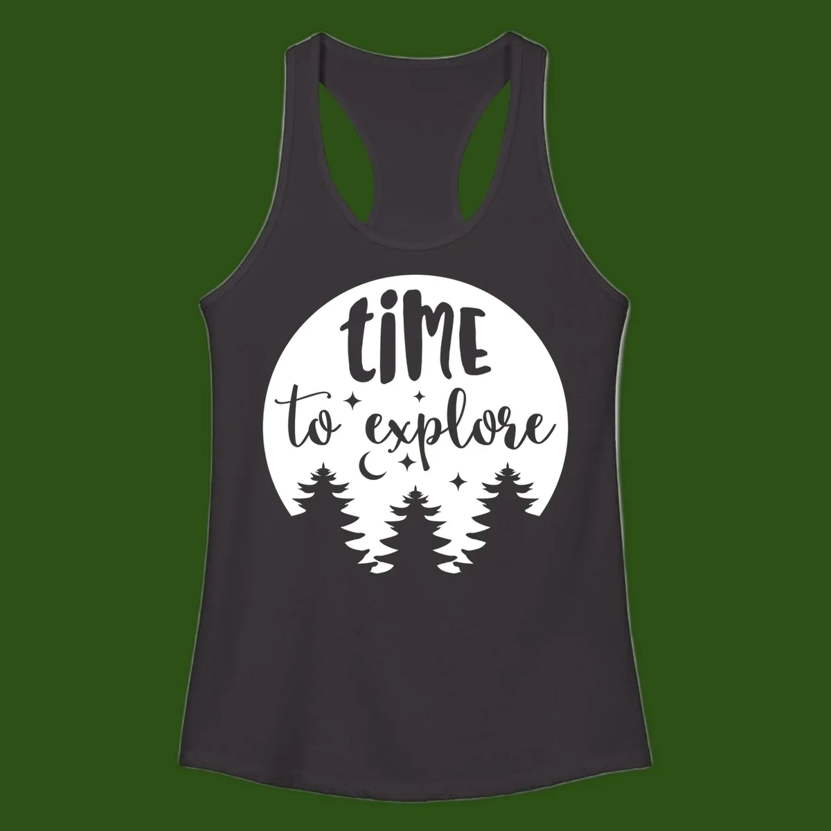 Circular design with 'time to explore' text, crescent moon, pine trees, and stars in gray on white background