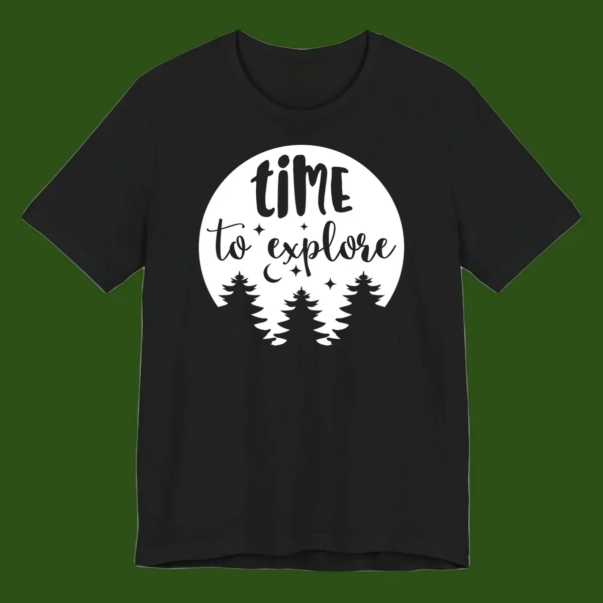 Circular design with 'time to explore' text, crescent moon, pine trees, and stars in gray on white background