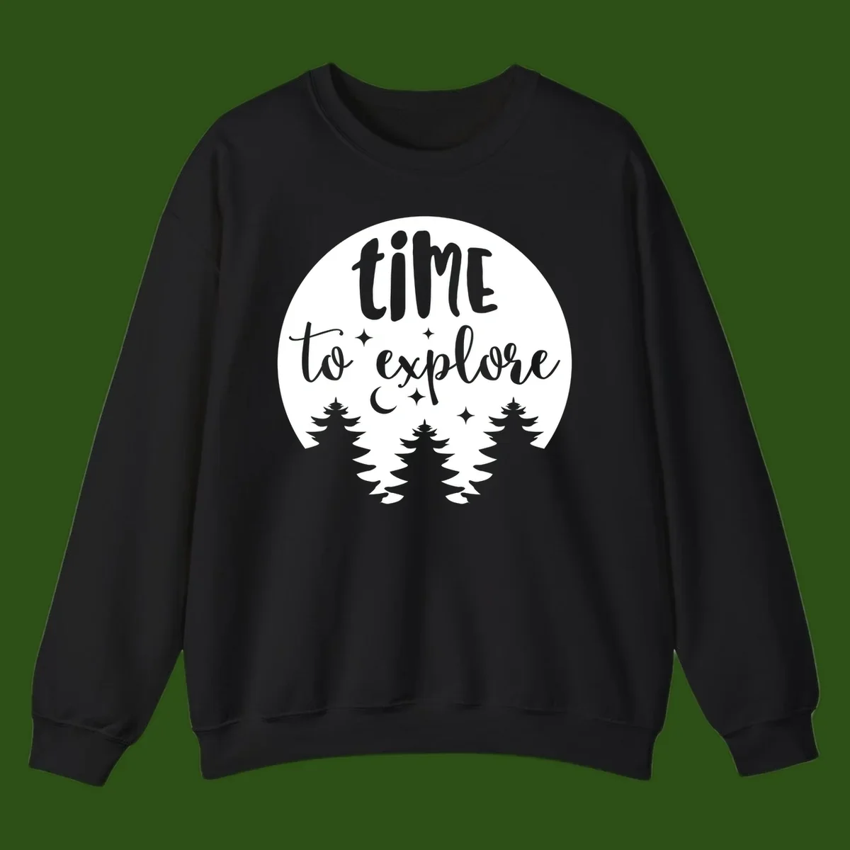 Circular design with 'time to explore' text, crescent moon, pine trees, and stars in gray on white background
