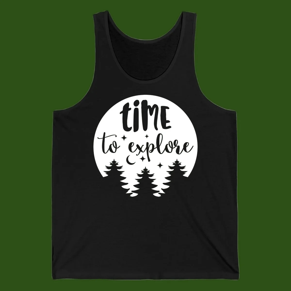 Circular design with 'time to explore' text, crescent moon, pine trees, and stars in gray on white background