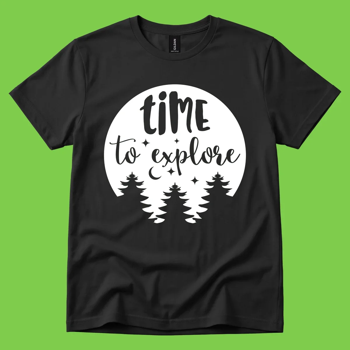 Circular design with 'time to explore' text, crescent moon, pine trees, and stars in gray on white background