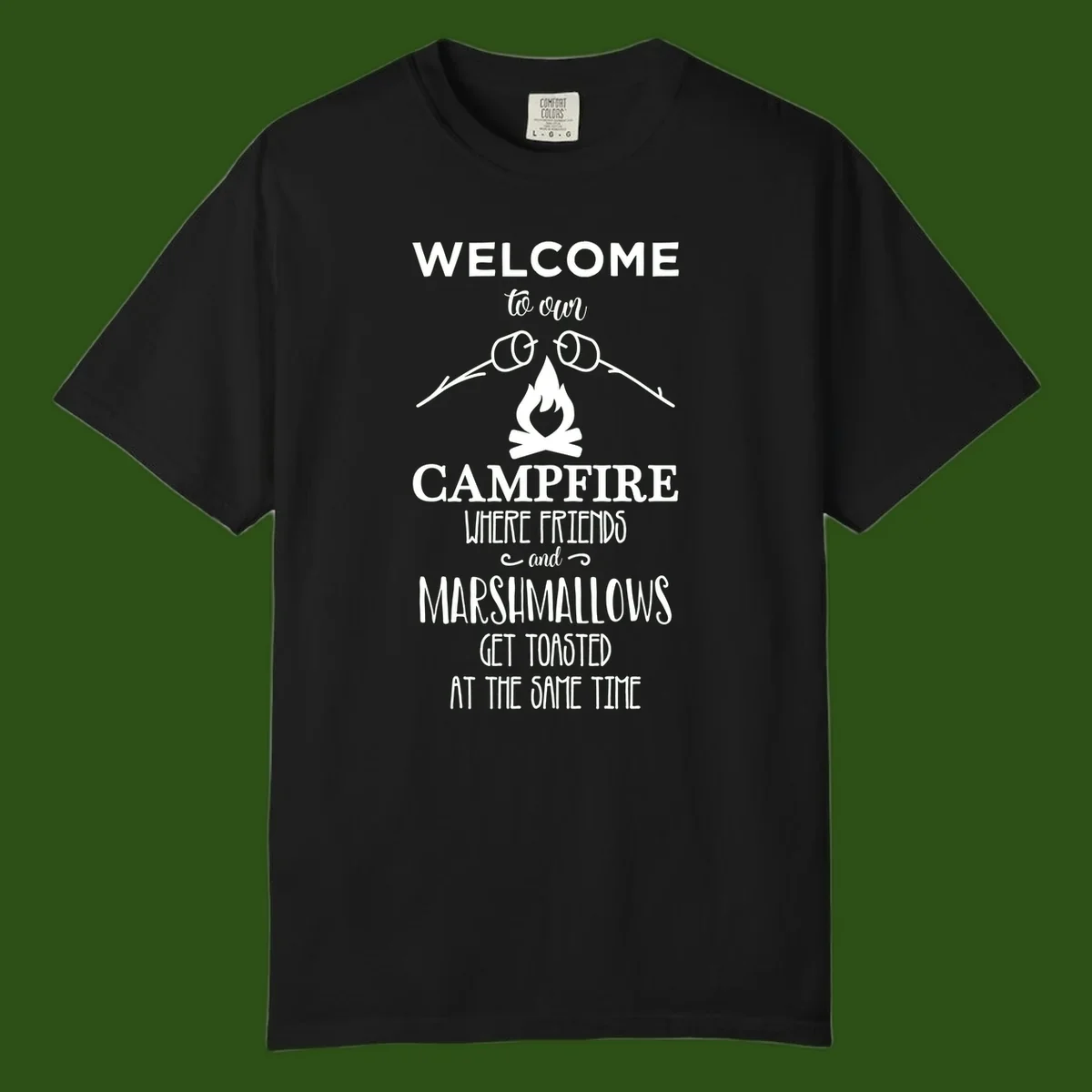 Campfire design with roasting sticks and marshmallows, welcoming text about friends and toasted marshmallows