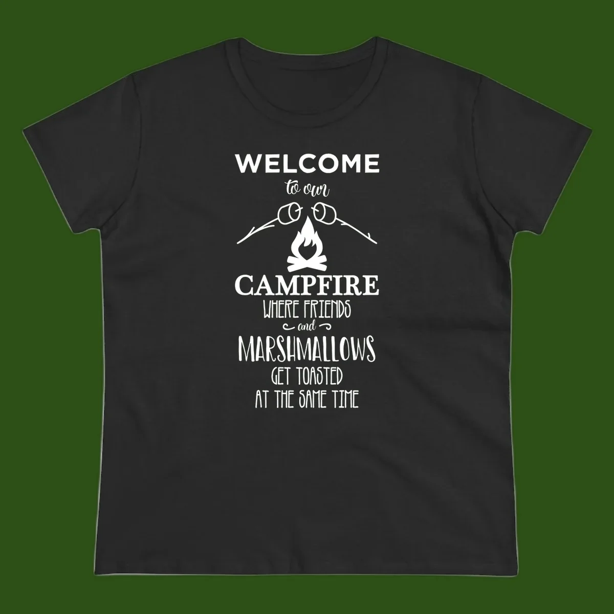 Campfire design with roasting sticks and marshmallows, welcoming text about friends and toasted marshmallows