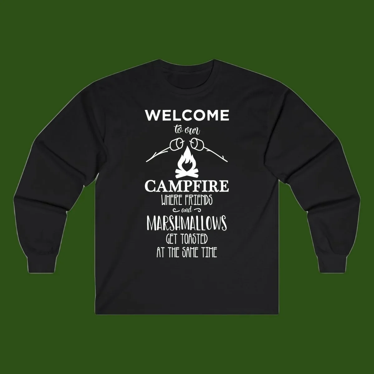 Campfire design with roasting sticks and marshmallows, welcoming text about friends and toasted marshmallows