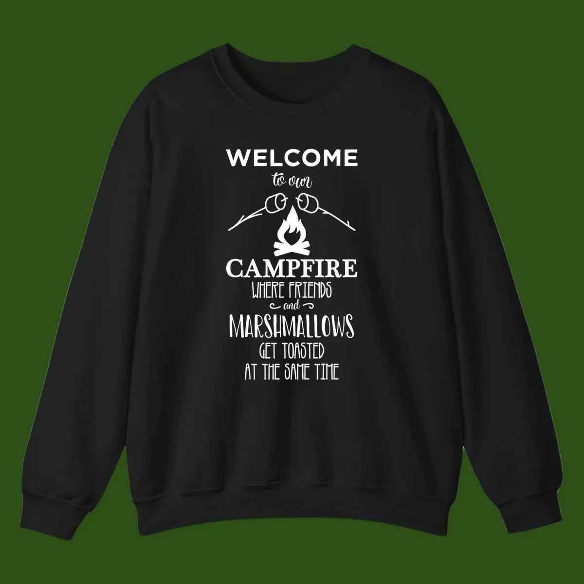 Campfire design with roasting sticks and marshmallows, welcoming text about friends and toasted marshmallows