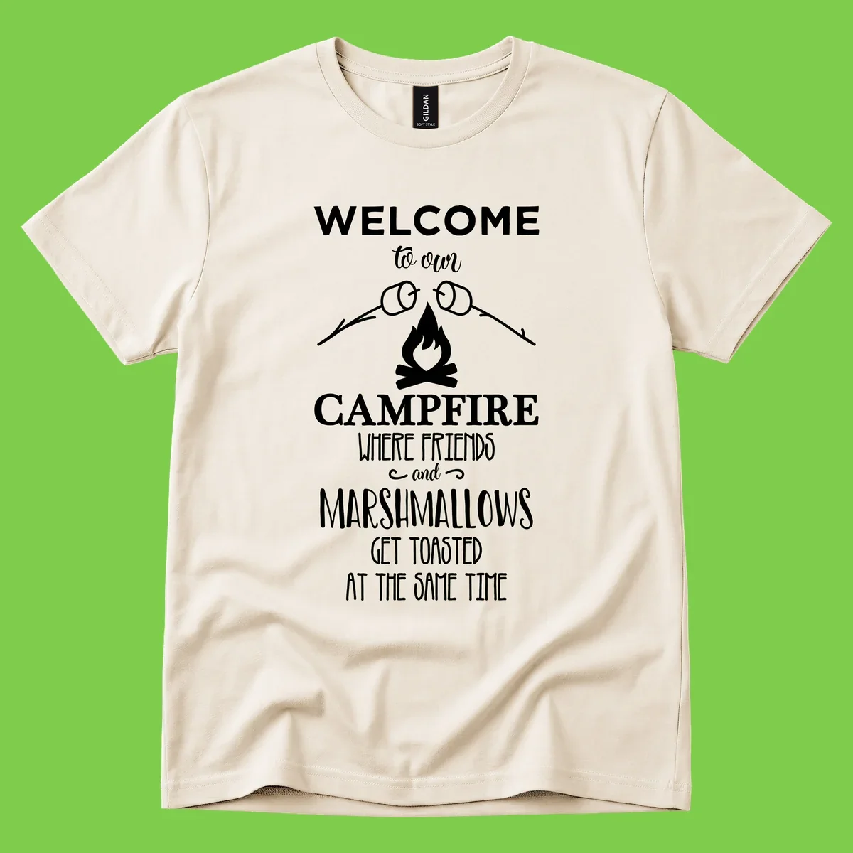Campfire design with roasting sticks and marshmallows, welcoming text about friends and toasted marshmallows