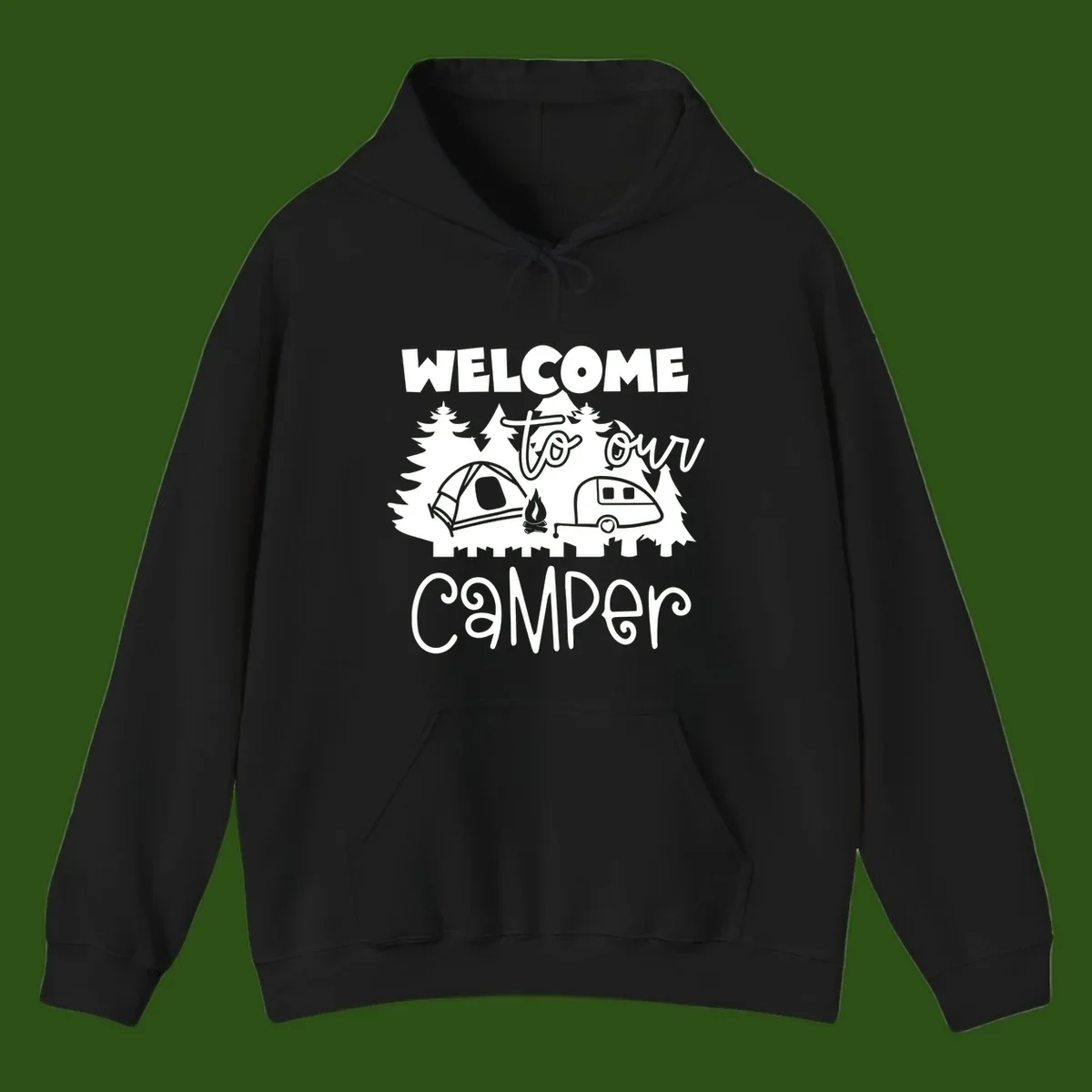 White camping illustration with tent, campfire, and travel trailer surrounded by pine trees and 'Welcome To Our Camper' text on gray background