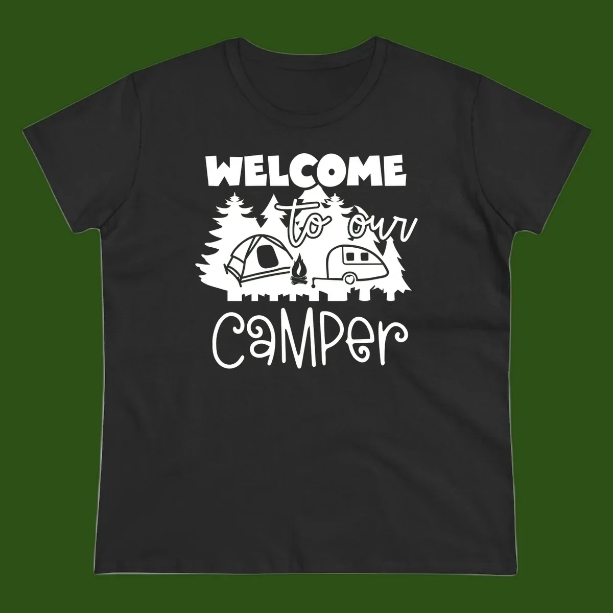 White camping illustration with tent, campfire, and travel trailer surrounded by pine trees and 'Welcome To Our Camper' text on gray background