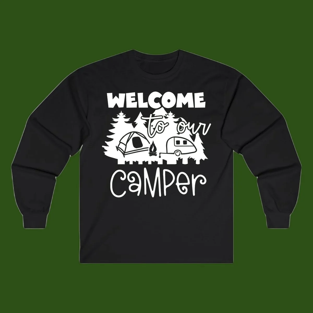 White camping illustration with tent, campfire, and travel trailer surrounded by pine trees and 'Welcome To Our Camper' text on gray background