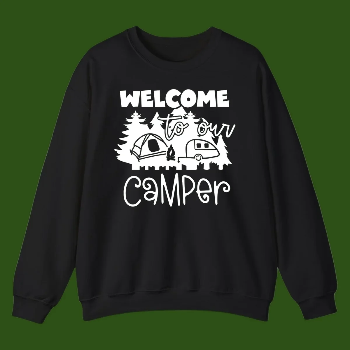 White camping illustration with tent, campfire, and travel trailer surrounded by pine trees and 'Welcome To Our Camper' text on gray background