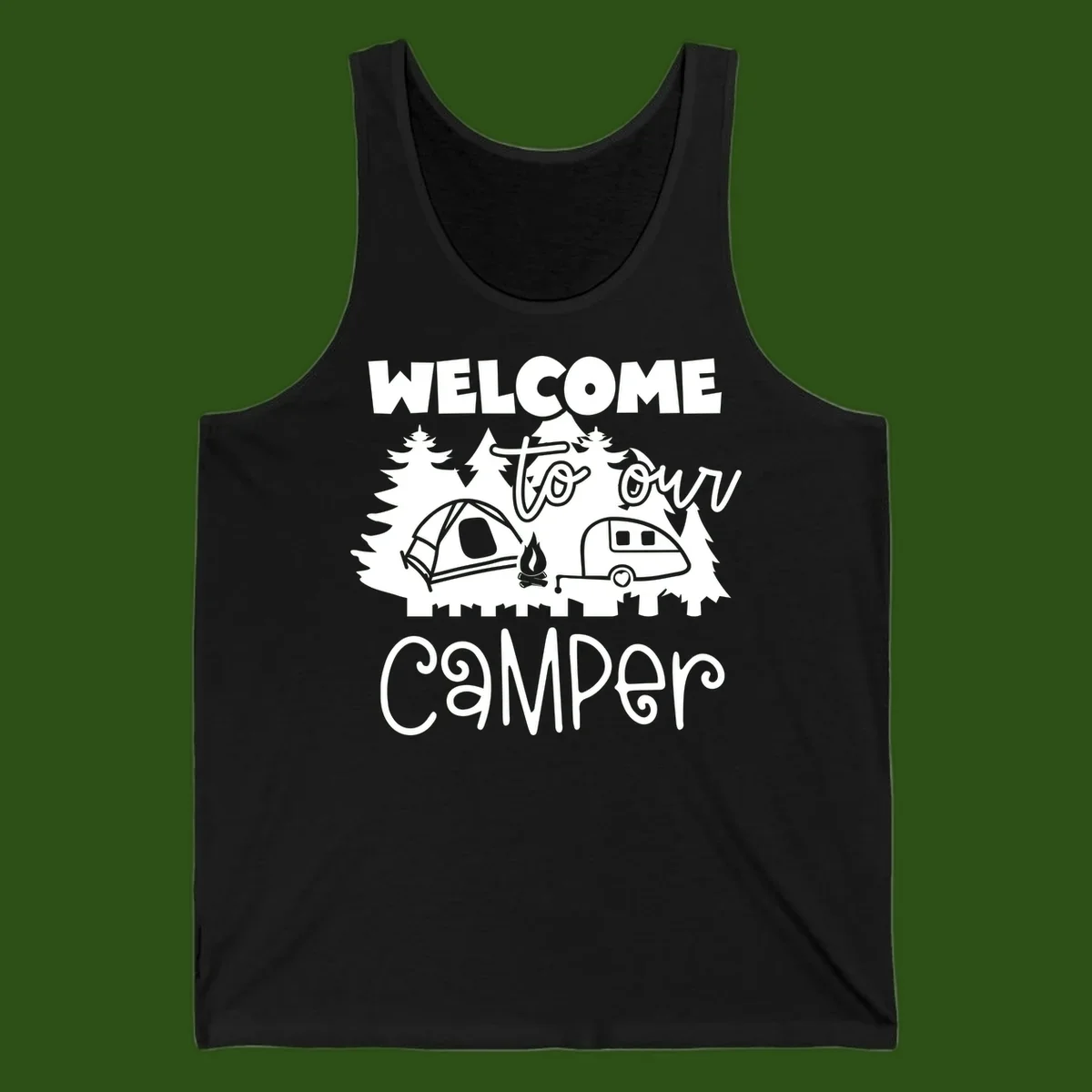 White camping illustration with tent, campfire, and travel trailer surrounded by pine trees and 'Welcome To Our Camper' text on gray background