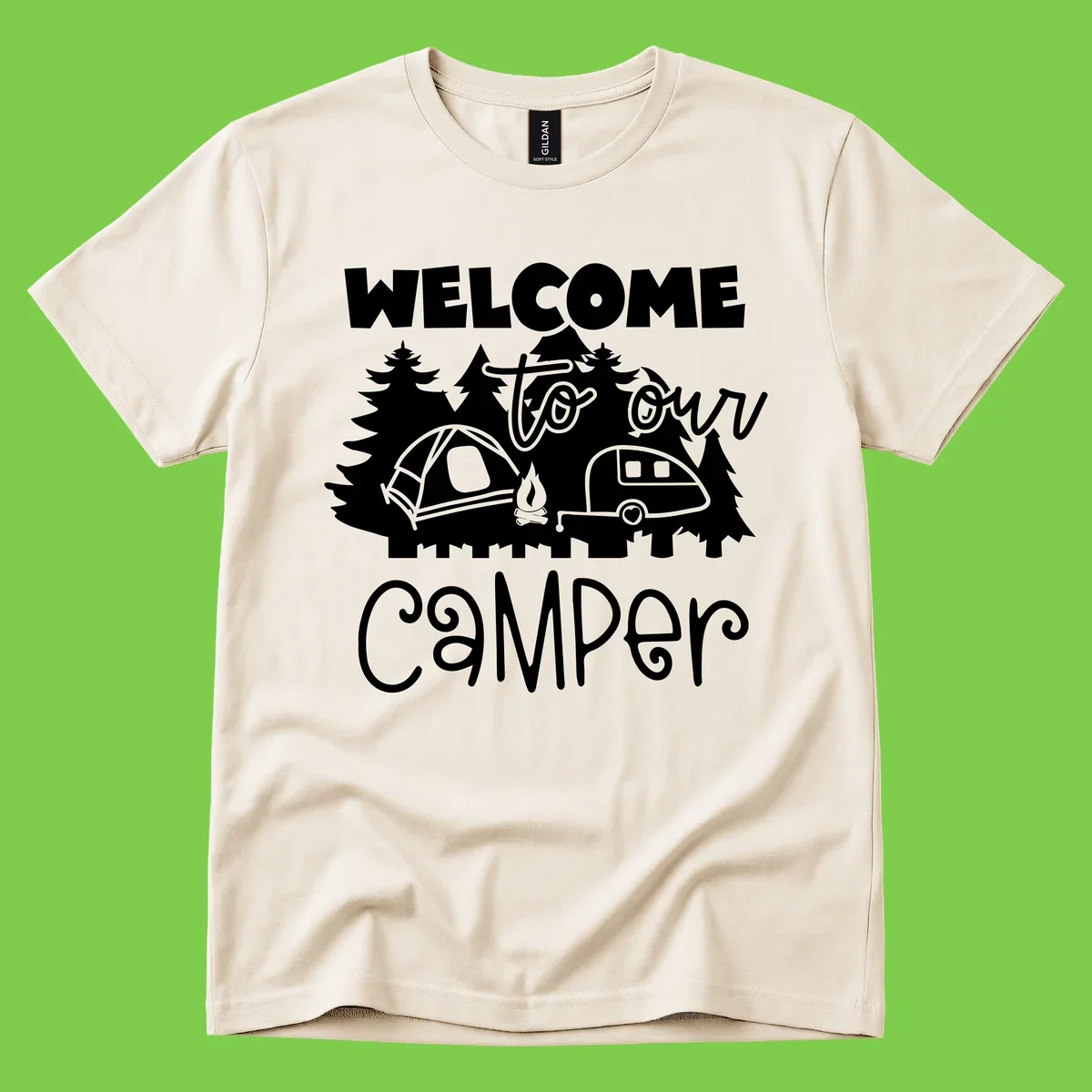 White camping illustration with tent, campfire, and travel trailer surrounded by pine trees and 'Welcome To Our Camper' text on gray background