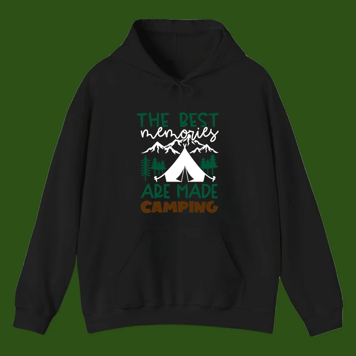 Illustration of tent, mountains, and trees with text reading 'The Best Memories Are Made Camping' in green and white lettering