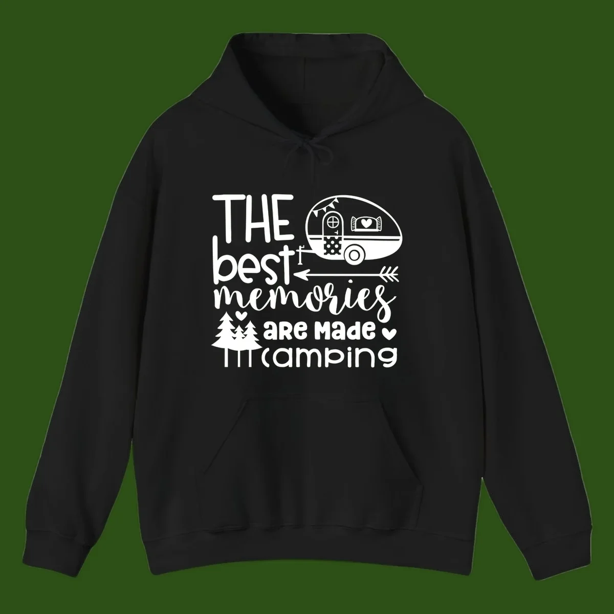 Vintage travel trailer with decorative text reading 'The best memories are made camping' surrounded by pine trees and hearts on gray background.