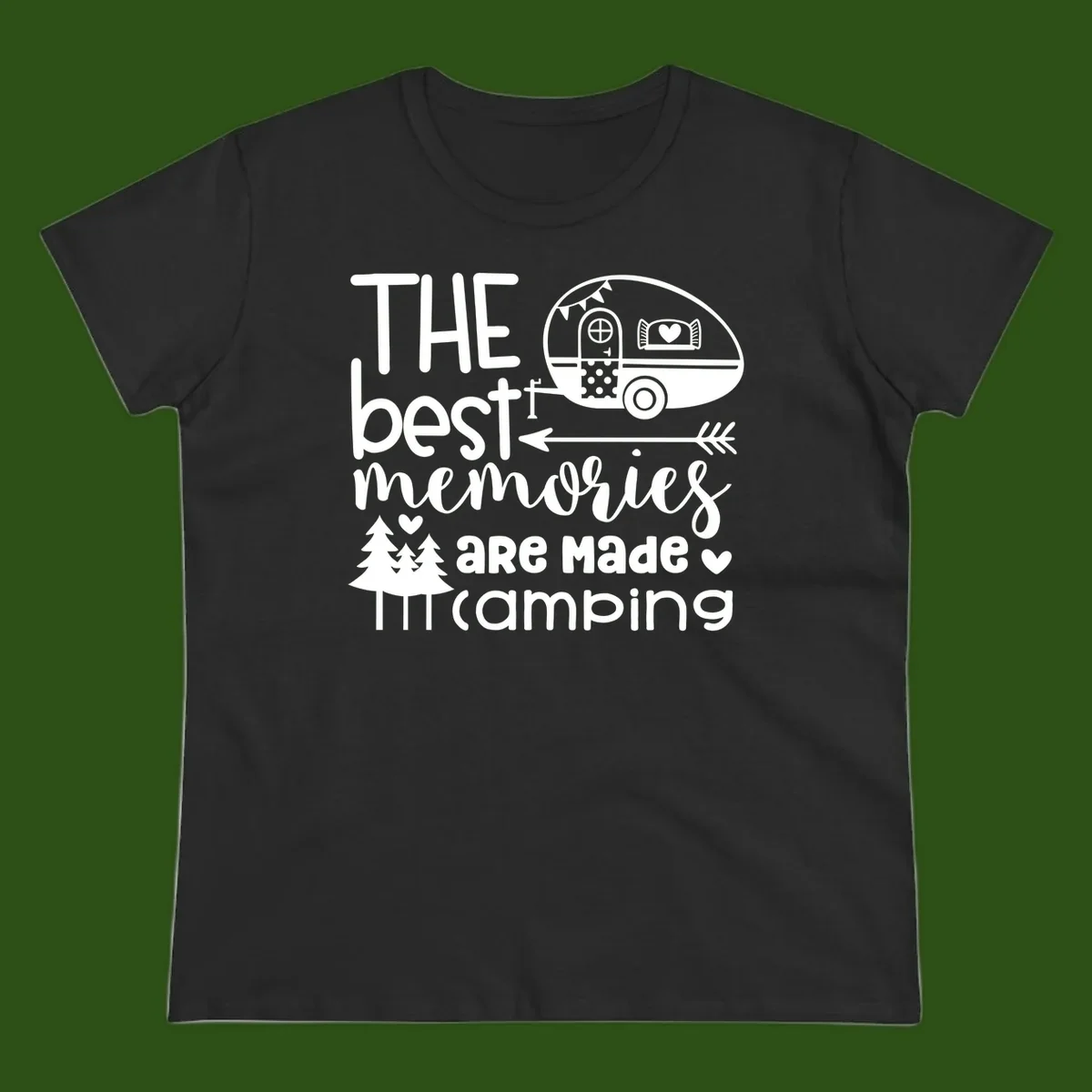 Vintage travel trailer with decorative text reading 'The best memories are made camping' surrounded by pine trees and hearts on gray background.
