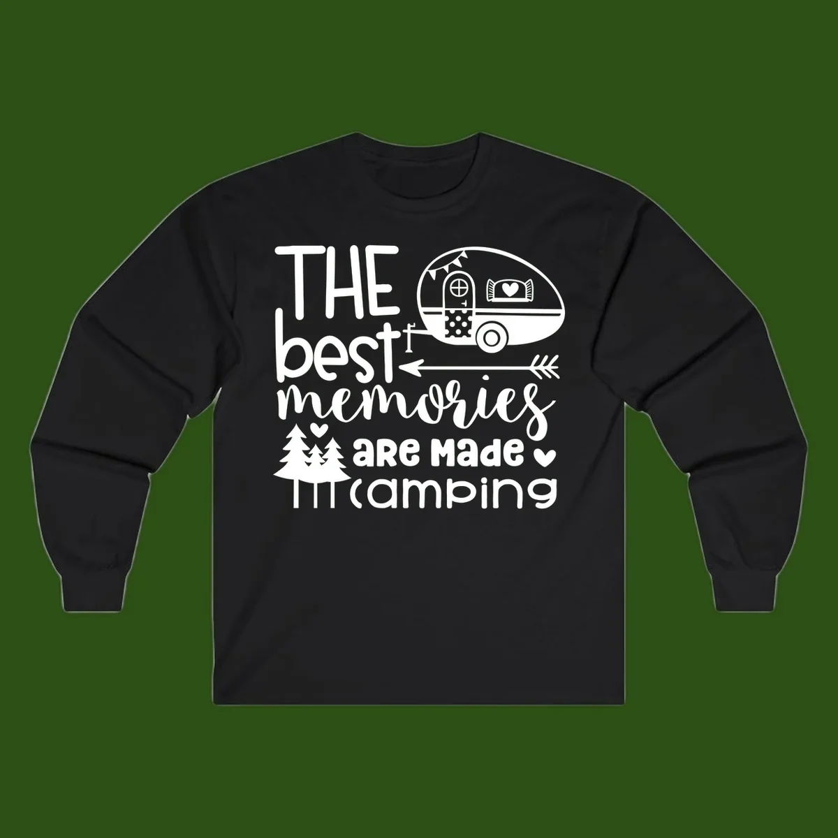 Vintage travel trailer with decorative text reading 'The best memories are made camping' surrounded by pine trees and hearts on gray background.