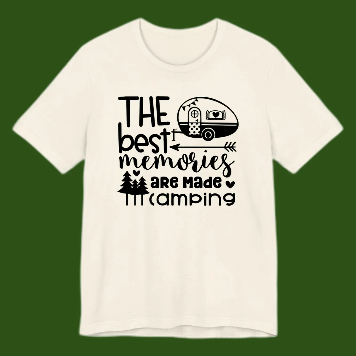 Vintage travel trailer with decorative text reading 'The best memories are made camping' surrounded by pine trees and hearts on gray background.