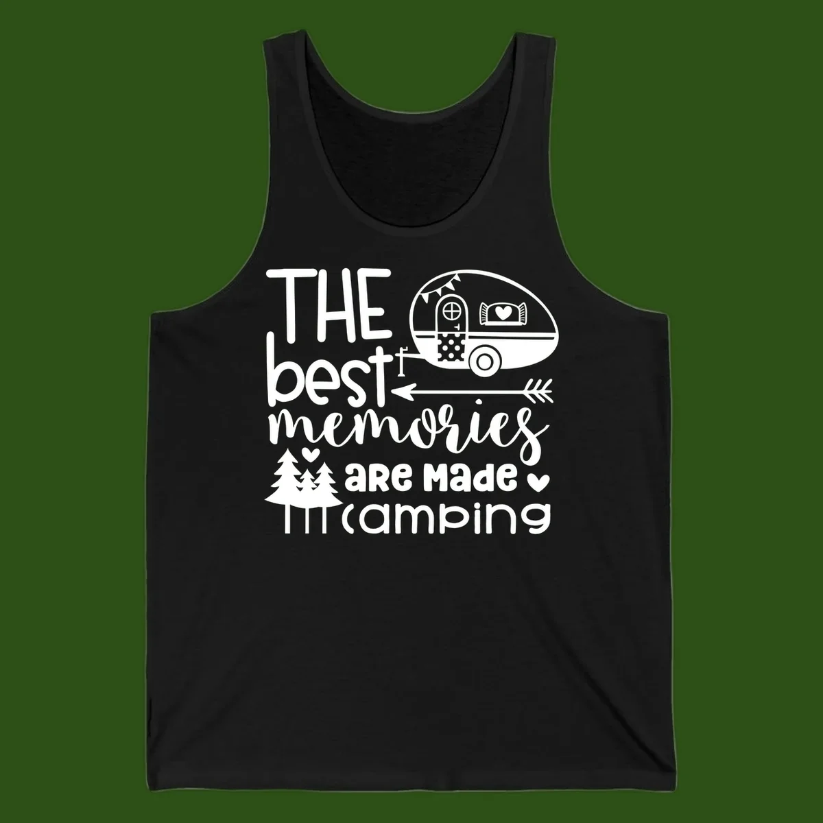 Vintage travel trailer with decorative text reading 'The best memories are made camping' surrounded by pine trees and hearts on gray background.